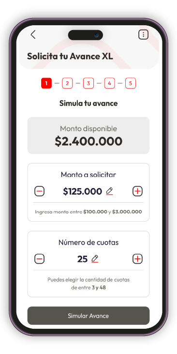 Pantalla de solicitud de avance